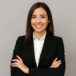 Mujer sonriendo, vestida formal con los brazos cruzados